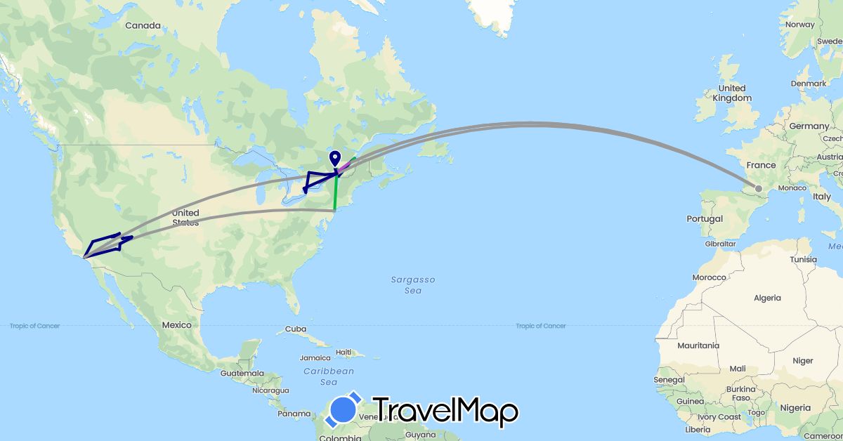 TravelMap itinerary: driving, bus, plane, train in Canada, France, United States (Europe, North America)